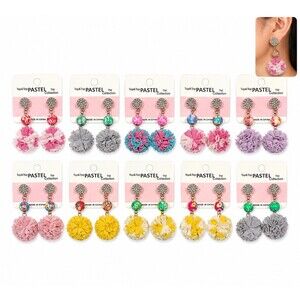 Top&Top Pastel Floral Rhinestone Bead Pom Pom Dangle Drop Earrings cute gift